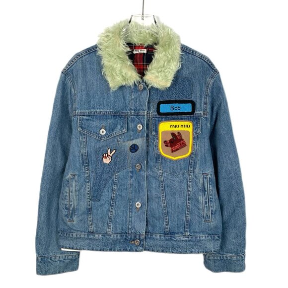 Miu Miu Denim Jacket With Faux Fur Collar & Patches - Picture 1 of 8